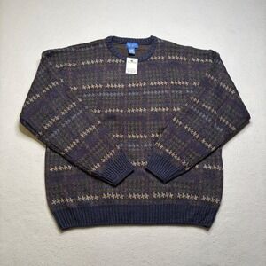 Towncraft Sweater Mens XL Navy Windowpane Vintage‎ Crewneck Acrylic Knit EH94